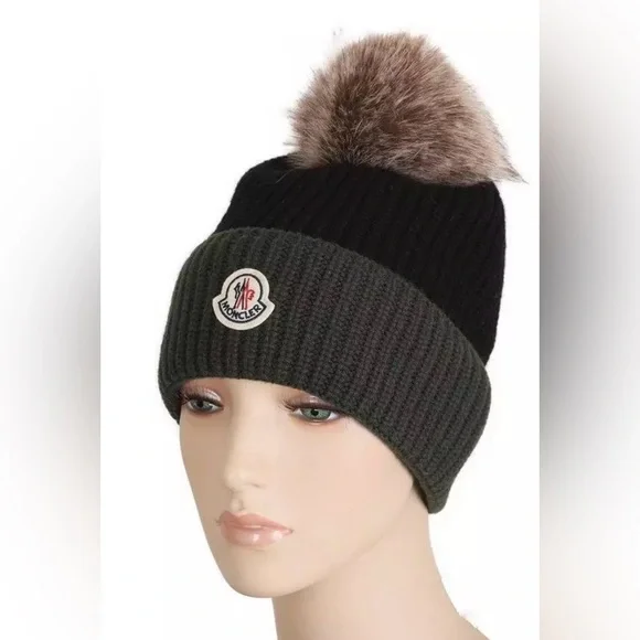 NEW MONCLER WOOL CASHMERE FOX FUR POM POM BEANIE HAT ONE SIZE $535 MONCLER GRENOBLE BROWN WOOL AND CASHMERE HAT WITH FUR  main image 2
